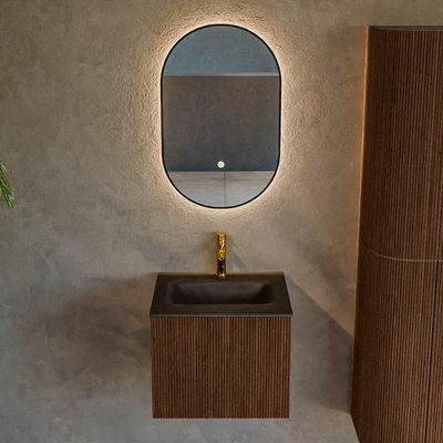 MONDIAZ KURVE 50cm badmeubel kleur Walnut met 1 lade. Wastafel GRUNNE midden 1 kraangat Urban.