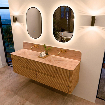 Mondiaz CIRO-DLUX Meuble de salle de bains - 160x45x50cm - Plan vasque Solid surface Saba - 2 bacs Double - sans trous de robinet - 4 tiroirs - Chêne