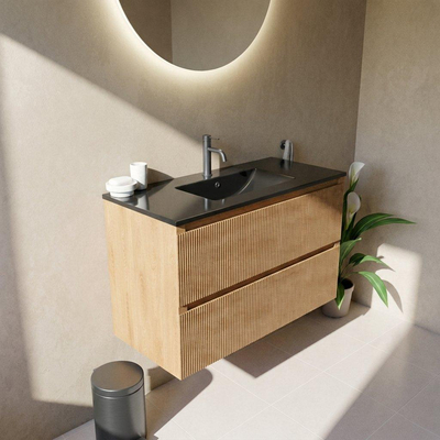Saniclass Holz Atelier Ensemble meuble de salle de bains - 100x45x62cm - Lavabo Vygo en céramique noir - 1 vasque - 1 trou de robinetterie - 2 tiroirs - chêne natural mat (bois)