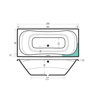 Xenz Nassau Baignoire duo - 200x90x52 - bonde au milieu - acrylique - blanc