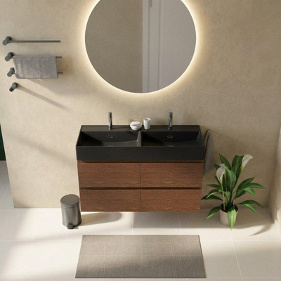 Saniclass Holz Pure Badkamermeubelset - 120x45x72cm - Legend keramische wastafel mat zwart - 2 wasbakken - 2 kraangaten - 4 lades - mat walnut pure (hout)