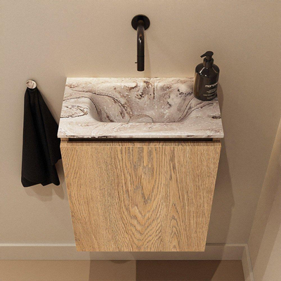 MONDIAZ TURE-DLUX Meuble toilette - 40cm - Washed Oak - EDEN - vasque Glace - position centrale - sans trou de robinet