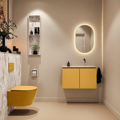 MONDIAZ TURE-DLUX Meuble de toilettes 80 cm Ocher. Lavabo EDEN Glace position à droite. Sans trou de robinet.