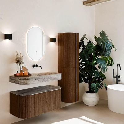 MONDIAZ THOR-DLUX Meuble de salle de bains - 100cm - arrondi gauche + droite - couleur Walnut - 1 tiroir et 2 portes - Vasque suspendue CLOUD Droite sans trou de robinet - couleur Oza