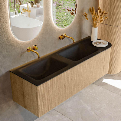 MONDIAZ KURVE 145cm Meuble salle de bain avec module 25 D - couleur Oak - 1 tiroir - 1 porte - vasque CLOUD double / gauche - sans trous de robinet - Urban