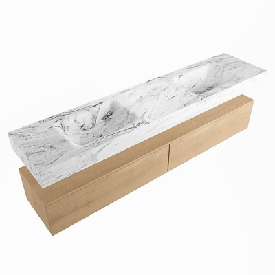 Mondiaz ALAN-DLUX Ensemble de meuble - 200cm - meuble Washed Oak mat - 2 tiroirs - Lavabo Cloud Glace suspendu - vasque Gauche et droite - 2 trous de robinet