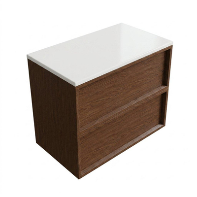 Saniclass Holz Frame Ensemble de meubles de salle de bains - 80x45x62.5cm - Plan de toilette Torino en solid surface blanc - sans trou de robinetterie - 2 tiroirs - walnut pure mat (bois)