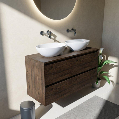 Saniclass Holz Pure Ensemble de meuble de salle de bains - 120x45x62cm - plan en bois - sans trou de robinetterie - 4 tiroirs - chêne charcoal mat (bois)