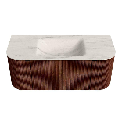 MONDIAZ KURVE-DLUX Meuble de salle de bains 110cm arrondi Gauche + Droite couleur Ruby avec 1 tiroir et 2 portes. Plan-vasque CLOUD central sans trou de robinet Meli.