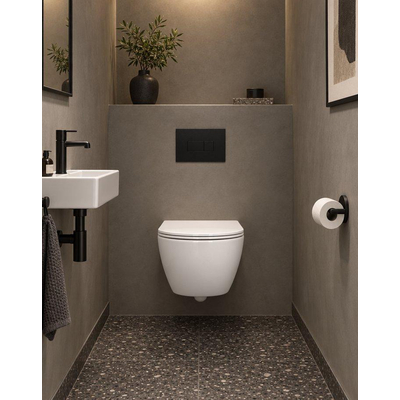 QeramiQ Dely Swirl Compact Toiletset - inbouwreservoir QeramiQ flush - slim zitting - kunststof bedieningsplaat mat zwart - rechthoekige knoppen - glans wit