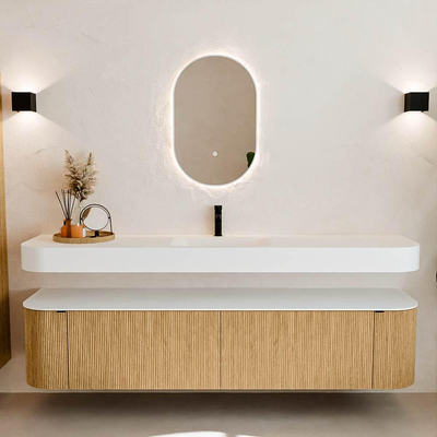 MONDIAZ THOR 200cm meuble de salle de bains arrondi gauche + droite couleur Oak avec 2 tiroirs et 2 portes. Vasque suspendue CLOUD Milieu 1 trou de robinet couleur Talc.