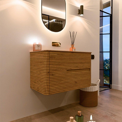 Mondiaz CIRO-DLUX Badkamermeubelset - 80x45x50cm - Solid surface wastafel Saba - 1 wasbak Midden - zonder kraangaten - 2 lades - Oak