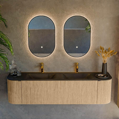 MONDIAZ KURVE Meuble de salle de bains 170 cm avec module 25 Len R couleur chêne avec 1 tiroir et 2 portes. Lavabo CLOUD double 2 trous de robinet Urban.