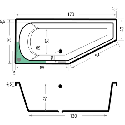 Xenz Lagoon Baignoire d'angle - 170x75x48 - bonde au milieu - gauche - compact - acrylique - blanc