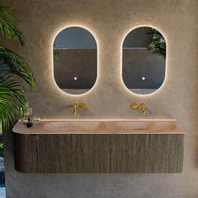 MONDIAZ KURVE-DLUX 165cm badmeubel ronding Links kleur Shadow met 2 lades en 1 deur. Wastafel STOR SMALL Dubbel / Rechts zonder kraangat Saba.