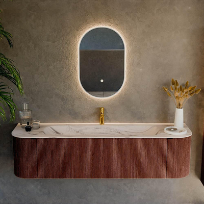 MONDIAZ KURVE-DLUX Meuble de salle de bains 170cm arrondi Gauche + Droite couleur Ruby avec 1 tiroir et 2 portes. Lavabo BIG LARGE Central 1 trou de robinet Nata.
