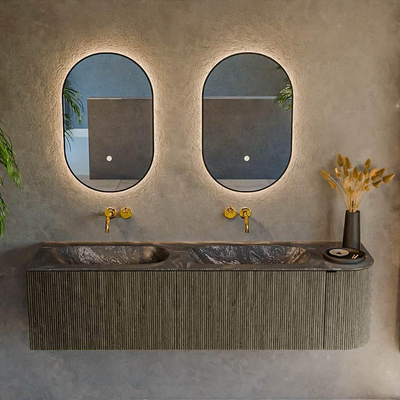 Mondiaz KURVE-DLUX Ensemble de meubles de salle de bains - 165x46x40cm - 2 tiroirs - 1 porte - vasque solid surface - double / gauche - sans trou de robinet - Shadow