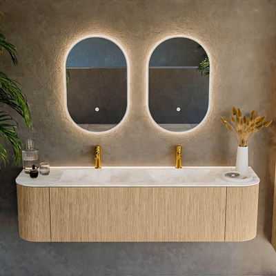 MONDIAZ KURVE-DLUX 170cm Meuble salle de bain avec module 25 G et D - couleur Oak - 1 tiroir - 2 portes - vasque LEAF double - 2 trous de robinet - couleur Frappe