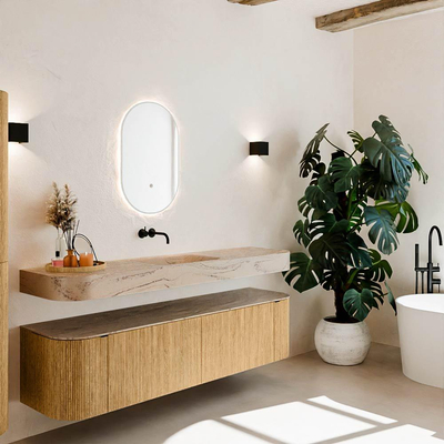 MONDIAZ THOR-DLUX 180cm meuble de salle de bains arrondi gauche + droite couleur Chêne avec 2 tiroirs et 2 portes. Vasque suspendue CLOUD Milieu sans trou de robinet couleur Arena.