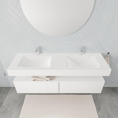 MONDIAZ ALAN 150cm - meuble bas - 2 tiroirs - lavabo suspendu - 2 vasques - 2 trous de robinet - talc