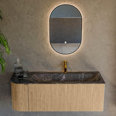 MONDIAZ KURVE-DLUX Meuble de salle de bains 125 cm avec module 25 L couleur Chêne avec 1 tiroir et 1 porte. Lavabo BIG MEDIUM à droite 1 trou de robinet couleur Lava.