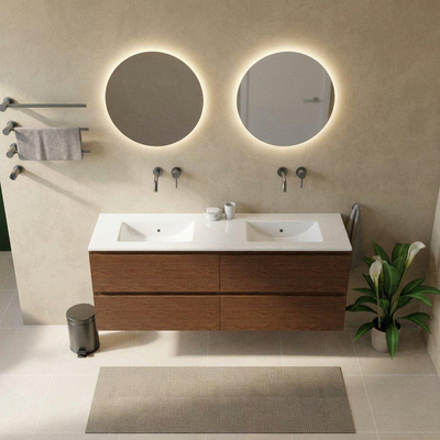Saniclass Holz Pure Ensemble de meubles de salle de bains - 160x45x62cm - lavabo Vygo en céramique blanc - 2 vasques - sans trous de robinetterie - 4 tiroirs - walnut pure mat (bois)
