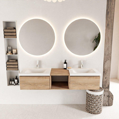 MONDIAZ BUKLA 160cm meuble de salle de bains avec module ouvert 40 couleur Washed Oak avec 2 tiroirs. Lavabo CLOUD double 2 trous de robinet couleur Talc.