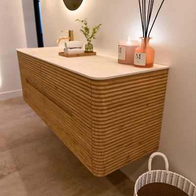 Mondiaz CIRO-DLUX Ensemble de meuble de salle de bains - 140x45x50cm - Plan-vasque solid surface Meli - 1 bassin à gauche - 1 trou de robinet - 4 tiroirs - Chêne