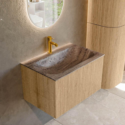 MONDIAZ KURVE-DLUX 70cm badmeubel kleur Oak met 1 lade en 0 deuren. Wastafel BIG SMALL Midden 1 kraangat Oza.
