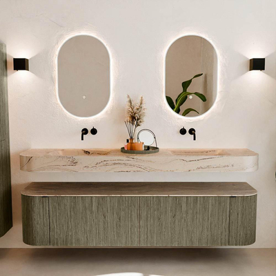 MONDIAZ THOR-DLUX 190cm meuble de salle de bains arrondi gauche + droite couleur Shadow avec 2 tiroirs et 2 portes. Vasque suspendue CLOUD Double sans trou de robinet couleur Arena.