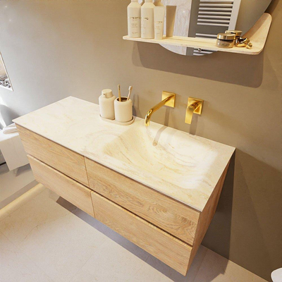 Mondiaz VICA-DLUX Ensemble de meuble de salle de bain - 120cm - meuble sous-vasque chêne blanchi - 4 tiroirs - lavabo encastré cloud droite - sans trous de robinet - version haute de 60cm - ostra