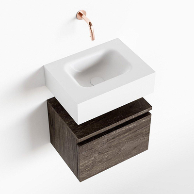 MONDIAZ ANDOR Meuble WC - 40x30x30cm - 0 trous de robinet - 1 tiroir - brun foncé mat - vasque au centre - Solid surface - Blanc