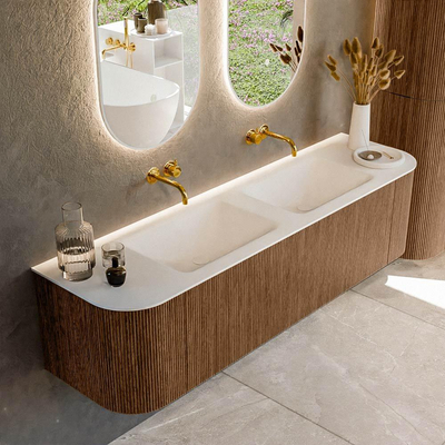 MONDIAZ KURVE 170cm Meuble salle de bain avec module 25 G et D - couleur Walnut - 1 tiroir - 2 portes - vasque CLOUD double - sans trous de robinet - Talc