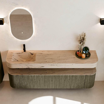 MONDIAZ THOR-DLUX Meuble de salle de bains 190cm arrondi gauche + droite couleur Shadow avec 2 tiroirs et 2 portes. Vasque suspendue CLOUD Gauche 1 trou de robinet couleur Arena.