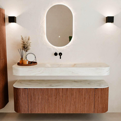 MONDIAZ THOR-DLUX 150cm badmeubel ronding links + rechts kleur Ruby met 1 lade en 2 deuren. Vrijhangende wastafel CLOUD Midden zonder kraangat kleur Ostra.