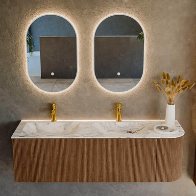 MONDIAZ KURVE-DLUX 145cm Meuble salle de bain avec module 25 D - couleur Walnut - 1 tiroir - 1 porte - vasque LEAF double / gauche - 2 trous de robinet - couleur Glace