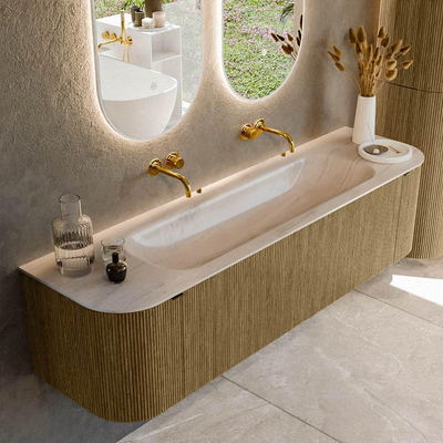 MONDIAZ KURVE-DLUX Meuble de salle de bains 170cm arrondi Gauche + Droite couleur Dusk avec 1 tiroir et 2 portes. Plan-vasque BIG LARGE Central sans trou de robinet Meli.