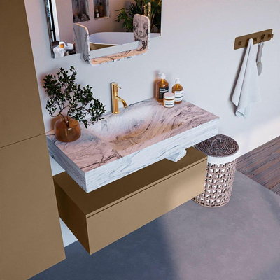 Mondiaz ALAN-DLUX Ensemble de meuble - 90cm - meuble Oro mat - 1 tiroir - Lavabo Cloud Glace suspendu - vasque Centre - 1 trou de robinet
