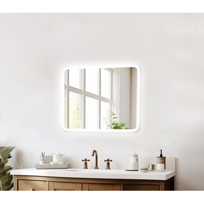 FugaFlow Excellent Arredo Miroir de Salle de Bain - 60x70 cm - avec coins arrondis - installation horizontale / verticale - éclairage LED indirect - chauffage de miroir - capteur infrarouge en partie inférieure