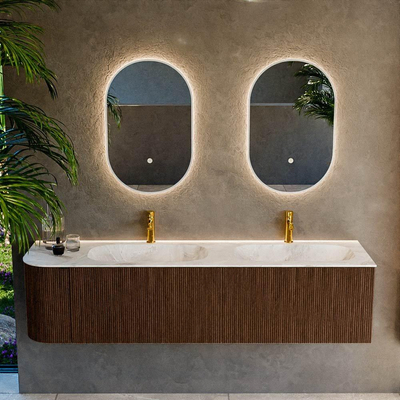 MONDIAZ KURVE-DLUX 175cm badmeubel met module 25 L kleur Walnut met 2 lades en 1 deur. Wastafel STOR SMALL dubbel / rechts 2 kraangaten kleur Frappe.