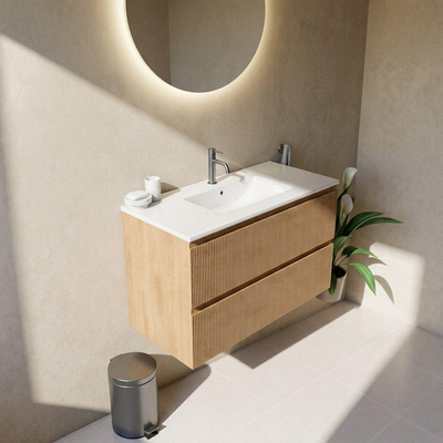Saniclass Holz Atelier Ensemble de meubles de salle de bains - 100x45x62cm - Vygo lavabo en céramique blanc - 1 vasque - 1 trou de robinetterie - 2 tiroirs - chêne natural mat (bois)
