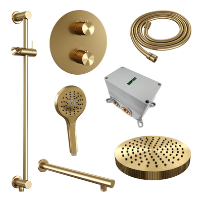 BRAUER Stripe Thermostatische Inbouw Regendouche - 3-weg - rond - SET 46 - 25cm douchekop - rechte muurarm - 3-standen handdouche - doucheslang - geïntegreerde glijstang - goud geborsteld PVD