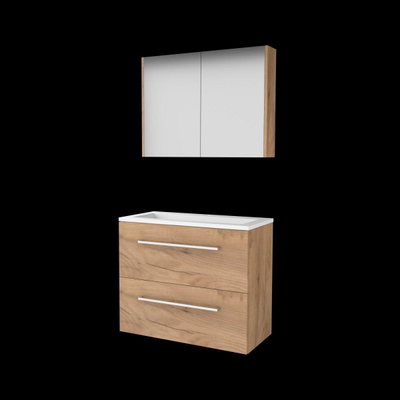 Basic-Line Comfort 39 ensemble de meubles de salle de bain 80x39cm avec poignées 2 tiroirs lavabo acrylique 1 trou de robinetterie armoire de toilette mfc whisky oak