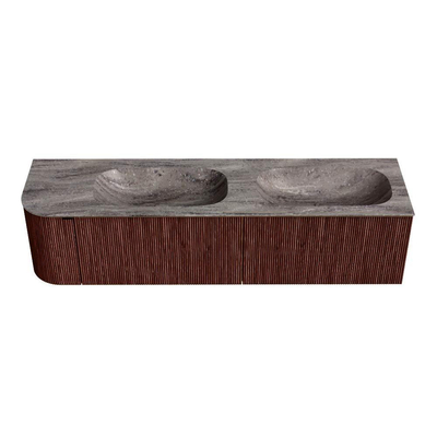 MONDIAZ KURVE-DLUX 175cm meuble de salle de bains arrondi à gauche couleur Ruby avec 2 tiroirs et 1 porte. Lavabo STOR SMALL Double / à droite 2 trous de robinet Oza.