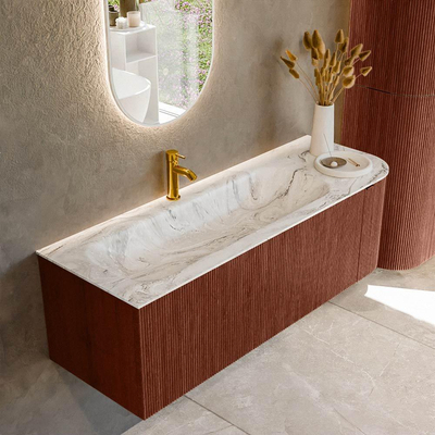 Mondiaz KURVE-DLUX Badkamermeubelset - 135x46x40cm - 1 lade - 1 deur - wastafel solid surface - links - 1 kraangat - Ruby