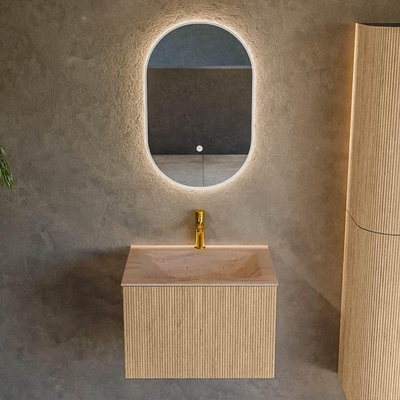 MONDIAZ KURVE-DLUX 60cm badmeubel kleur Oak met 1 lade en 0 deuren. Wastafel CLOUD Midden 1 kraangat Saba.