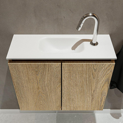 MONDIAZ TURE Kit lave-mains - 60x23x50cm - 1 trou de robinet - 2 portes - chêne blanchi mat - Lavabo centré - Solid Surface Blanc