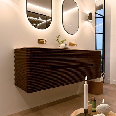 Mondiaz CIRO-DLUX Meuble de salle de bains - 150x45x50cm - plan vasque solid surface Arena - 2 vasques double - sans trous de robinetterie - 4 tiroirs - Noyer