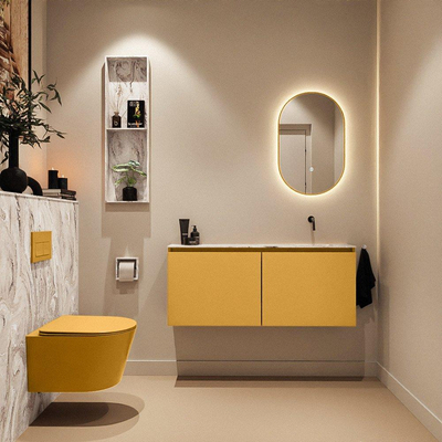 MONDIAZ TURE-DLUX Meuble toilette - 120cm - Ocher - EDEN - vasque Glace - position droite - sans trou de robinet