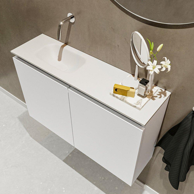 MONDIAZ TURE Kit lave-mains - 80x23x50cm - 0 trous de robinet - 2 portes - talc mat - Lavabo à gauche - Solid Surface Blanc